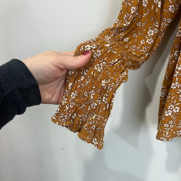 THML Mustard Smocked Floral Blouse Ruffle Sleeve Boho Chic Top Size Medium - Picture 6 of 10